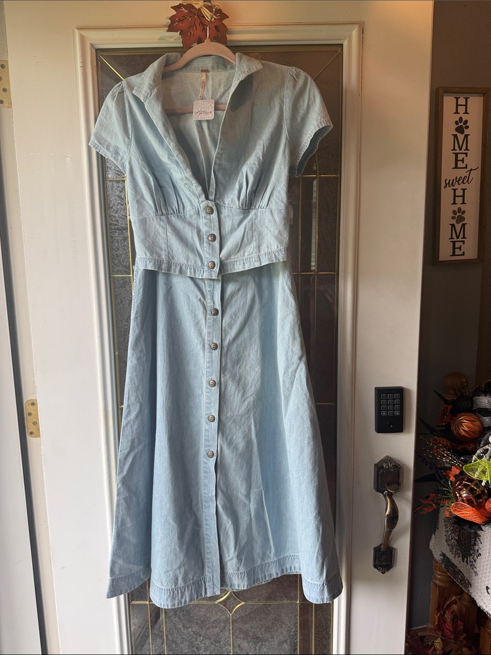 Free People Light Blue Button-Front Maxi Skirt Dress with Collared Bodice